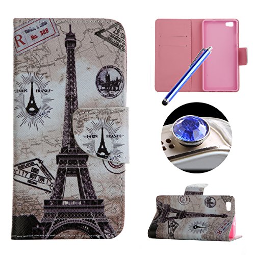 Etche Stand Case for Huawei P8 Lite ,Leather Wallet Case for Huawei P8 Lite, Retro Eiffel Tower Pu Leather Magnetic Flip Case with Card Holder for Huawei P8 Lite with Blue Stylus Pen and Bling Glitter Diamond Dust Plug Colors Random-Eiffel Tower