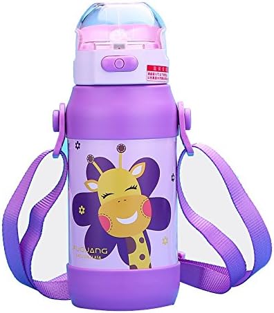 FUGUANG Vacuum Insulated Stainless Steel Vacuum Flask, Children Drink Flask With Carry Strap,Lovely Water Bottle for Kids, 14.2 OZ Light Purple