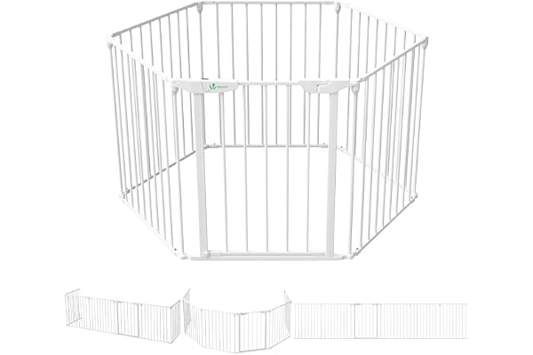 VOUNOT® Barrière de Sécurité Enfant Barrière de Protection Cheminée Pliable Parc Enclos Multi-Fonction sans Perçage Barrière Chien 6 Panneaux Pré-assemblé 3.75M Blanc