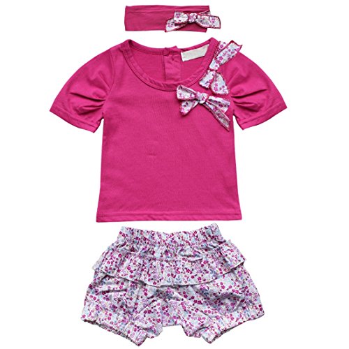TiaoBug Baby Girls Outfits Bowknot Top T-Shirt Shorts Pants with Headband Clothing Set 6-12 Months Fuchsia