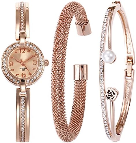 Wollways Rhinestones Quartz Watch Display with Bracelets Set - Round Ladies Crystal Arabic Numeral Dial Watches Wristwatch Perfect Gift for Girlfriend Dating
