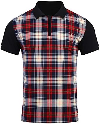 zeela Herren Men Stand Collar Short Sleeve Plaid Shirt T-Shirts Casual Plaid Shirt Slim Fit Polo Shirts