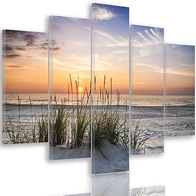 Feeby Frames, Tableau multi panneau 5 parties, Tableau imprimé xxl, Tableau imprimé sur toile, Tableau deco, Pentaptyque Type A, 100x150 cm, PAYSAGE, HERBE, PLAGE, EAU, MER, SABLE, CIEL