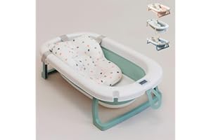 JOWY Bañera Bebé Plegable Portatil con Termómetro Integrado, Diseño Ergonómico, Cojín Antideslizante y Tapa de Seguridad (Verde pastel)