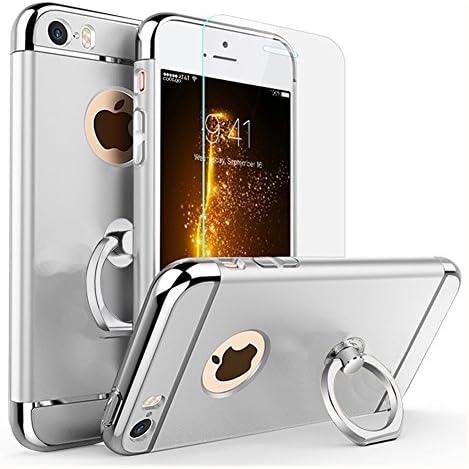 [Updated Version] iPhone SE Case,iPhone 5 Case,iPhone 5S Case,WWK Ultra-thin 3in1 Plastic Hard Cover Skin 360 Degree Stabled Rotating Ring Kickstand &amp; [Tempered Glass Screen Protector] for Apple iPhone (Sliver)