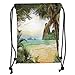 Produktbild OQUYCZ Drawstring Sack Backpacks Bags,Ocean,Palm Coconut Trees and Ocean Waves Across Mountains on Paradise Island Beach Image,Green Brown Cream Soft Satin,5 Liter Capacity,Adjustable String C
