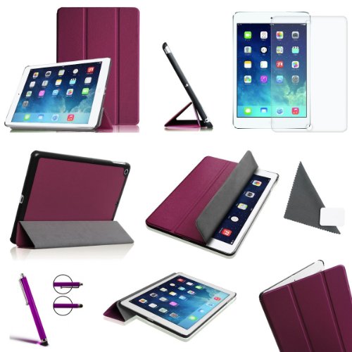 Invero® Premium Leder Smart Cover Case Schutzhülle Etui Tasche für Apple Ipad Air / Ipad 5 5th Gen mit Rückenschutz und Unterstützt Sleep / Wake Funktion umfasst Displayschutzfolie & Stylus (Lila / Purple)