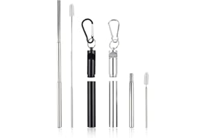 QUESUC Juego 2 pajitas acero inoxidable reutilizables,juego pajitas acero inoxidable con función sacacorchos,pajitas telescópicas de acero inoxidable con cepillo para viajes,idea regalo (blanco y negro)