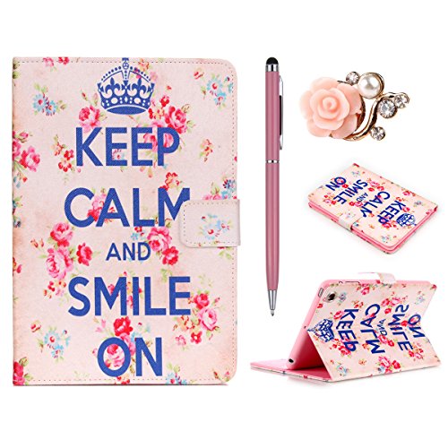 iPad mini 2 Lederhülle - Felfy Slim Full Body Keep Calm and Smile Flower Muster PU Case Cover Etui Schutz Hülle Tasche für Apple ipad mini 3 mini 2 mini 1 + 1x Pink Blume Anti Stöpsel + 1x Rosa Stylus