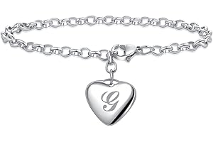 LSxAB Women Girls A to Z Heart Initial Letter Charm Bracelets 26 Letters Alphabet Stainless Steel Chain Wristband Bracelet Men's Birthday Gifts 7" Adjustable