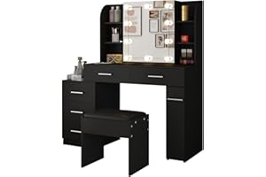 SENVOZIII Schminktisch mit Glühbirnen & Schiebespiegel, Schwarz Eitelkeits Make-up Tisch Set mit 5 Schubladen 6 Regalen, Modernes Frisiertisch Kosmetiktisch Hocker für Mädchen Frauen, Schlafzimmermöbel