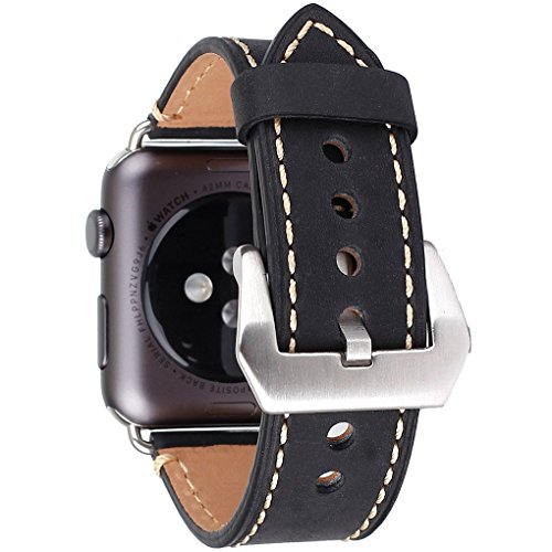 Apple Watch 42mm Correa  ZRO Vendimia Cuero Genuina Reemplazo Correa de Reloj con Seguro Cierre de Metal Hebilla para Apple iWatch Serie 2  Serie 1  Negro