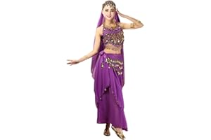 Xinvivion 4 Piece Women Ladies Belly Dance Professional Costume Set Indian Dance Performance Outfit Suit (Purple,Fit 45-70 KG)