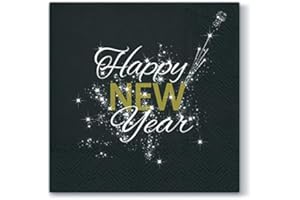 ‎SERVIETTENSHOP 20 Servietten Happy New Year Silvester Neujahr als Tischdeko für den Jahreswechsel. Servietten schwarz gold ideal zum feiern 33x33cm
