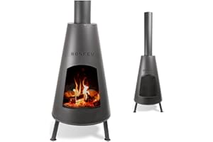 BonFeu BonPyra Schwarz - Terrassenofen - Feuerstelle mit Funkenschutz für entspannte Abende - Feuersäule Outdoor - Terrassenkamin mit Grillrost - Gartenofen hochwertigem Cortenstahl