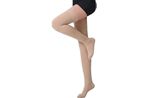 MGANG Thigh High Compression Stockings, Closed Toe, Pair, Firm Support 20-30mmHg Gradient Compression Socks with Silicone Band, Unisex, Opaque, Best for Spider & Varicose Veins, Edema, Swelling, Beige L