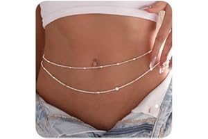 Hebterrka 2 pezzi di perline in argento catena a pancia in vita da donna sexy Body Chain, catena a strati regolabile, gioielli per bikini, argento, L