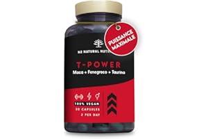 T - Power 100% Natural Male Enhancer avec Maca, Ginseng, L-Taurine, Fenugrec et Poivre Noir. Stimulant + Force + Endurance + Energie. Pre workout. 30 gélules. Végétalien. N2 Natural Nutrition