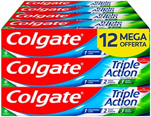 Colgate - Dentifricio Triple Action 12x75ml (Consegna in 48 Ore), Dentifricio Protezione contro la Carie, Denti Bianchi, Alito Fresco, Protezione Smalto, Formula Sbiancante e Rinfrescante