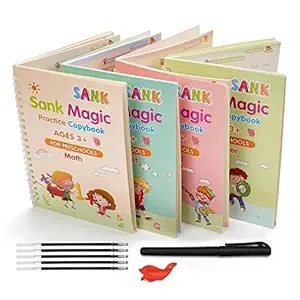 4 Magic Sank Books for Kids, Magic Ink Handwriting Calligraphy Book, Reusable Practice Book, Preschool Books for Kids with 1 Pen + 5 Refills