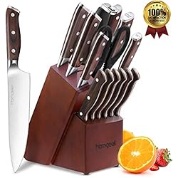 homgeek Couteaux de Cuisine Professionnel, 15 Pièces Set de Couteaux, Fabriqué en Acier Inoxydable Allemand 1.4116 Bloc de Couteaux, Comprend Pierre à Aiguiser, Ciseaux et Bois