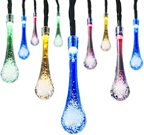 LEDGLE 20 Feet 30 LED Lights LED Water Drop Solar String Lights, 4 Colors 8 Modes Decorative Solar Fairy Lights for Decorating House, Garden and Courtyard