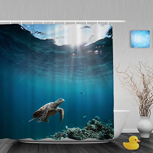 Sea Turtle Floating Over Beautiful Natural Ocean Bathroom Shower Curtain Underwater Wildlife With Animals Shower Curtains Waterproof Mildewproof Polyester Fabric Blue 72"x72"Inch