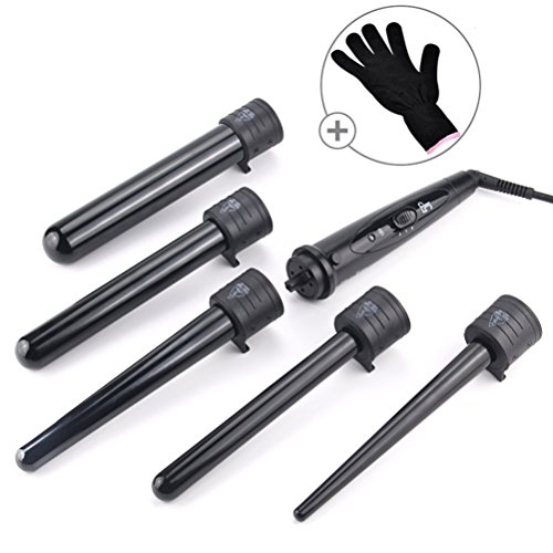 Professional 5 in 1 Curling Wand Salon Studio Quick Heating Ceramic Tourmaline Barrels Hair Styler Tools Curling Iron Curler Wand Tongs Set Crimping Iron for Women (Black) CoFashion
