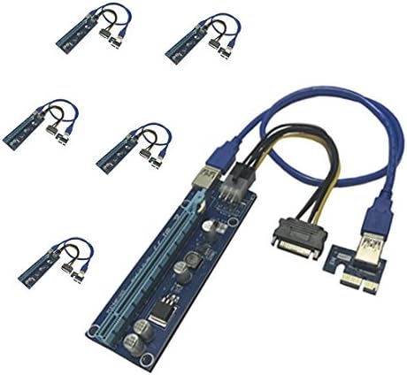 KECAG PCI-E Riser Adapter Card Powered PCIe VER 007 16x to 1x w/60cm USB 3.0 Extension Cable &amp; 6-Pin PCI-E to SATA Power Cable for Bitcoin Mining (6-pack)