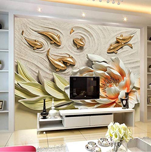 Preisvergleich Produktbild Rureng Lotosblumenentlastungswand Blumenportalhintergrundwand 3D Entlastung Kundenspezifisches Großes Wandbildgrün-Tapetenwandgemälde-450...
