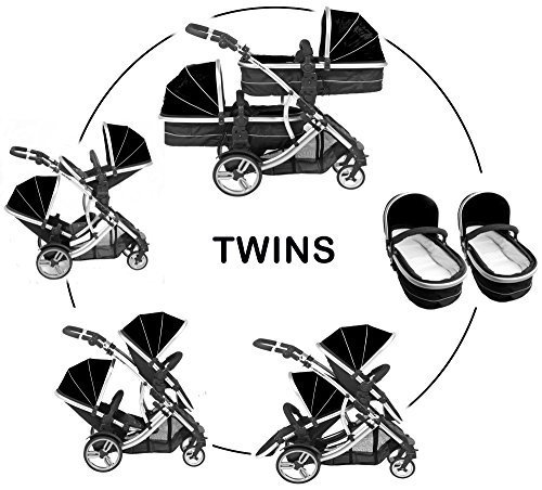 Duellette 21 Combo Twin Tandem Pushchair Baby Newborn carrycots Pram Travel system : 2 Pramette/seat units, 2 FREE Black footmuffs 2 Rain covers, Midnight Black by Kidz Kargo