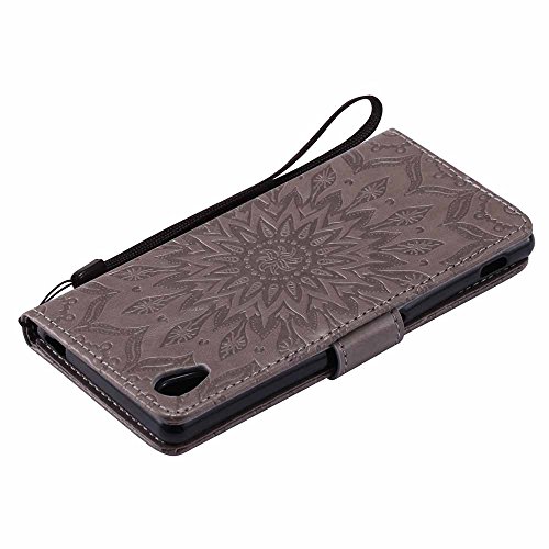 Xperia M4 Aqua Hülle, Dfly Premium Slim PU Leder Mandala Blume prägung Muster Flip Hülle Bookstyle Stand Slot Schutzhülle Tasche Wallet Case für Sony Xperia M4 Aqua, Grau - 8