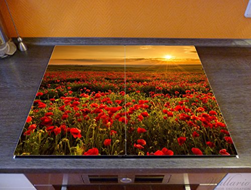 Wallario Herdabdeckplatte / Spritzschutz aus Glas, 2-teilig, 60x52cm, für Ceran- und Induktionsherde, Mohnblumenwiese bei Sonnenuntergang am Abend - 2