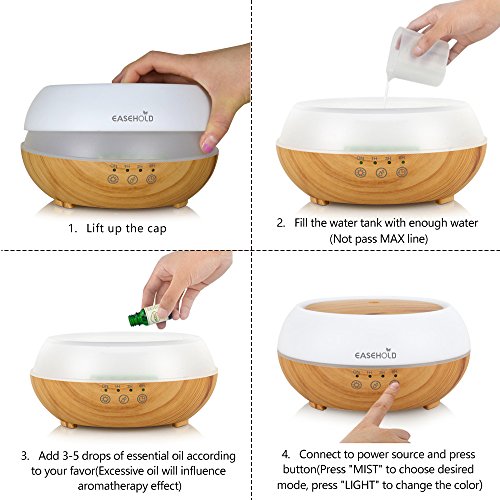 EaseHold Aroma Diffuser 300ML Aufgerüstet Touch-Taste Leise Kalten Nebel Luftbefeuchter Ultraschall Oil Düfte Humidifier Holzmaserung LED mit 7 Farben Elektrisch Duftlampe Humidifier LED Licht für Babies Kinder Haus Yoga Schlafzimmer Wohnzimmer Büro(hölzerner Korn-Unterseiten- + Milch-weißer Deckel) - 3
