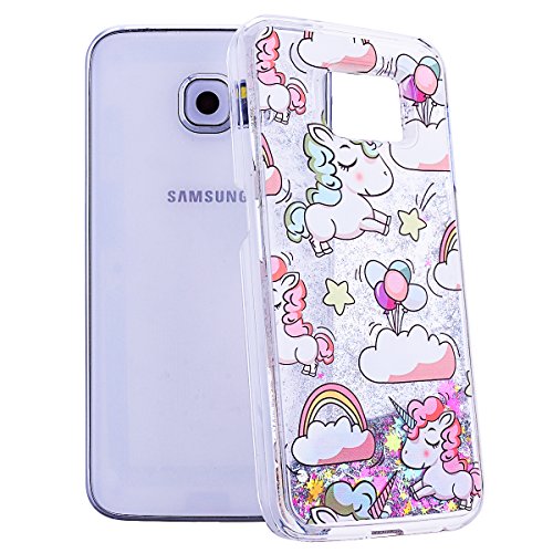 Samsung S6 Funda Bling Arena Movediza Lentejuelas Carcasa   We Love Case L  quido Funda para Samsung Galaxy S6 Glitter Estrellas Lentejuela Arenas Movedizas Carcasa PC Casco de Pl  stico Duro Cascara Sparkle Brillar Claro Cristal Caso Bumper Case Cover Moda Tapa Transparente Cubierta Caja de Protecci  n Resistente a Ara  azos Choque Absorci  n - Dise  o Dibujo Unicornio Unicorn Plata