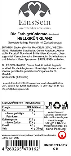 500g Hochzeitsmandeln EinsSein® Colorato hellgruen Gastgeschenke Hochzeit Zuckermandeln Schokomandeln Bonboniere Bonbons Schokotafeln ohne organzasäckchen Dragees Taufe Taufmandeln kg 500g schoko - 2
