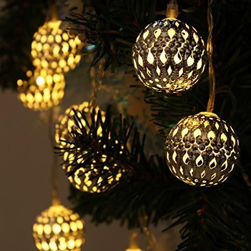 JOJOO Solar Powered Warm White 12 LED 12 ft Moroccan String Lights Metal Globe Lanterns Ornament Lights for Garden, Wedding, Party, Outdoor and Christmas LT004