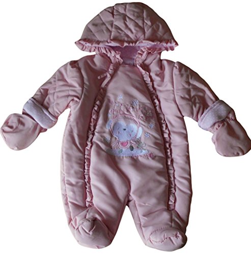 Newborn NB months - Baby Girls Snowsuit - Gorgeous Pink & White Skating Penguin and Mouse Hooded Snowsuit with Detachable Mittens Outfit / Babies Winter Clothes