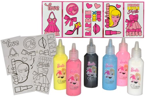 13 tlg. Set Glasmalfarbe und Vorlagen – Barbie – Bastelset Malen Malset Barbiepuppe Mädchen Zubehör Tube - 2