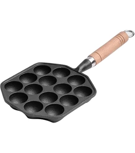 Poêle à Takoyaki En Fonte 14 Trous - Pour Crêpes Rondes - Fond Épais Antiadhésif Naturel - Poignée En Bois - 19x18 Cm - Compatible Toutes Plaques