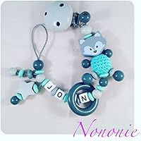 Schnullerkette mit NAMEN - 3D Fuchs - Sternbauler - RING - grau, hellgrau und mint