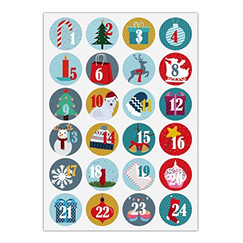 Download 5 x 24 jolies autocollants du calendrier de l'Avent avec les nombres 1 - 24 sur les symboles de Noel, bleue, MAT étiquette adhésive en papier, labels, vignettes, stickers pour faire des calendriers de l'Avent, décorer des cadeaux de Noel, décoration du table, des paquets, lettres etc. (ø 45mm; 5 x 24 nombres)