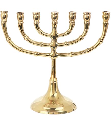 Menorah A 7 Bracci In Oro Con Base Esagonale - Decorata Con Le 12 Trib&ugrave; Di Israele
