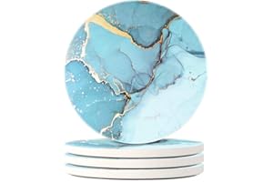 Haocoo 4 Piece Round Drink Coasters - Absorbent Stone Coaster Set with Cork Base and Ceramic Stone, Decorative Cup Coasters for Kinds of Mugs and Cups (4pcs, Sky Blue)
