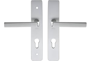 Vachette Set de Poignée de Porte sur Plaque KAZA - Clé I pour Porte d'Entrée/Cave/Abris de Jardin à Cylindre - Entraxe 195 mm - Matériau Aluminium Résistant - Garantie 10 Ans - Finition Argent