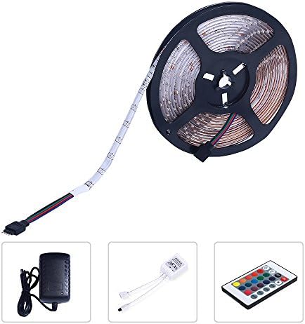 TN Cow LED Strip Lights Kit 16.4ft/5M Flexible Waterproof IP65 3528 RGB 300 LEDs 12v Light Full Kit RGB LED Strips Lighting With 24Key IR Remote and DC 12V 3A Power Adapter Supply for DIY Party Decoration Home Kitchen Cabinet Closet Party KTV Studio Wedding Girls Room Decoration and Indoor Outdoor Use
