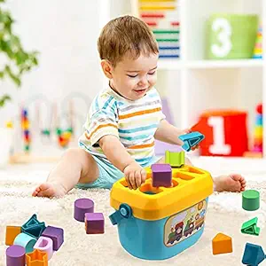 Dwellinger Baby Plastic Firsts Block Shapes and Sorter, 16 Blocks, ABCD Blocks with Other Shapes, Toys for 6 Months to 2 Years Old Kids for Boys and Girls