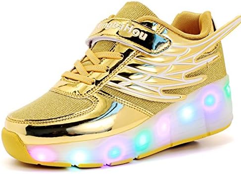 Meurry Kids Mesh Roller Shoe LED Wheel Roller Shoes Retractable Roller Skate Shoes Kids Flashing Lights Sneakers for Boys Girls (28 EU, Gold)