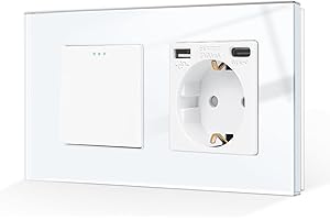 CNBINGO Włącznik światła z gniazdem USB, szklane gniazdo Schuko do montażu podtynkowego ze złączem USB i portem typu C (łącznie 3,1 A), biały przycisk wyłącznika, 1-kierunkowy, 1-pinowy wyłącznik