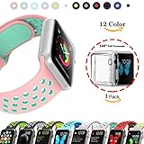 Chok Idea Ersatz-Armband für Apple Watch, [mit durchsichtigem, komplett deckendem Gehäuse], Volt-Farbe, Silikon, Sport-Armband für Apple Watch Serie 3/2/1, 38 mm/42 mm, 13 Farben, Pink-Mint Green, Series 2(2016) 42mm